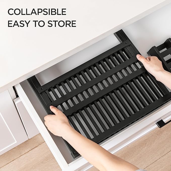 HBlife Dish Rack Black Bamboo Folding 2-Tier Collapsible Drainer Dish Drying Rack with Utensils Flatware Holder Set (Dish Rack with Utensil Holder)