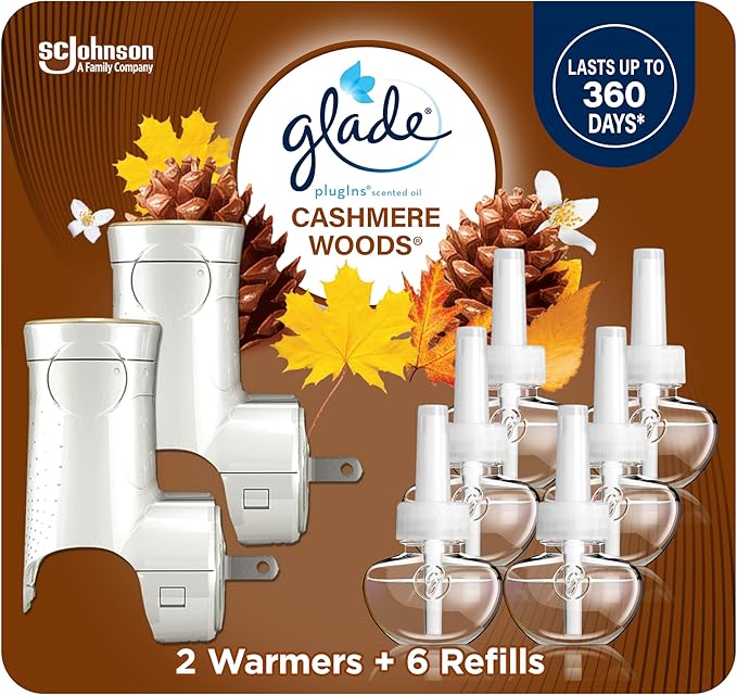 Glade PlugIns Air Freshener Starter Kit Scented and Essential Oils for Home and Bathroom Cashmere Woods 4.02 Fl Oz 2 Warmers and 6 Refills