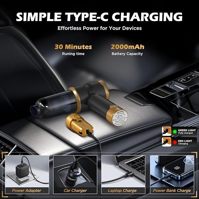 Handheld Car Vacuum with 15000PA Power 4 in 1 Small Powerful Cordless Vacuum Cleaner &amp Air Duster with 2000mAh Battery Rechargeable Portable Mini Hand Held Vacuum for Car HomeOfficePet Hair（G