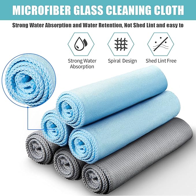 Tatuo 18 Pcs Microfiber Glass Cleaning Cloths (16 x 16) Polishing Cloth - Streak Free - Lint Free - Quickly Clean Windows Glasses Windshields Mirrors Stainless Steel Monitor(Blue Gray)