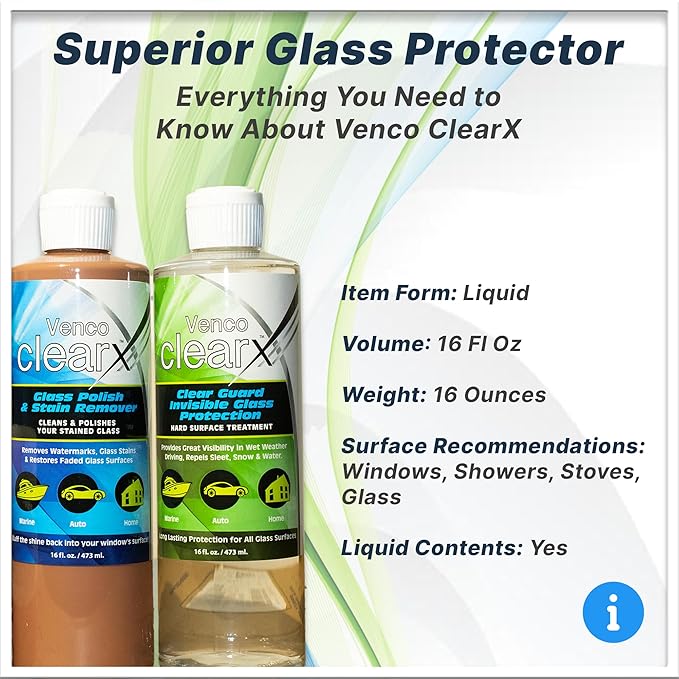 Venco Clear X Glass Polish &amp Protector - 16oz Kit for Removing Rust Burnt-In Stains Water Spots - Protects &amp Repels Water Snow - Ideal for Yachts Cars Home Windows RVs &amp More - Made