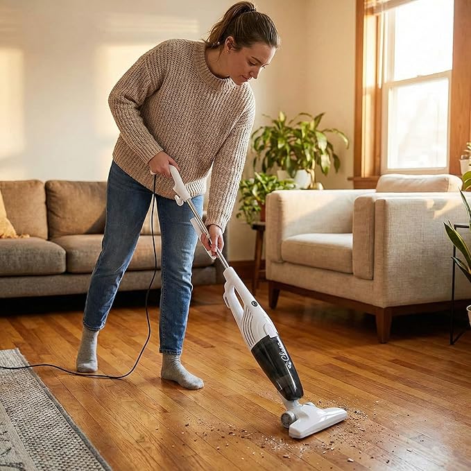 Stick Vacuum Cleaner 600W Corded Bagless Upright Vacuum for Carpet Hardwood Tile Floors Lightweight with Crevice Tool Picks Up Pet Hair Human Hair Great for Home Dorm Small Spaces