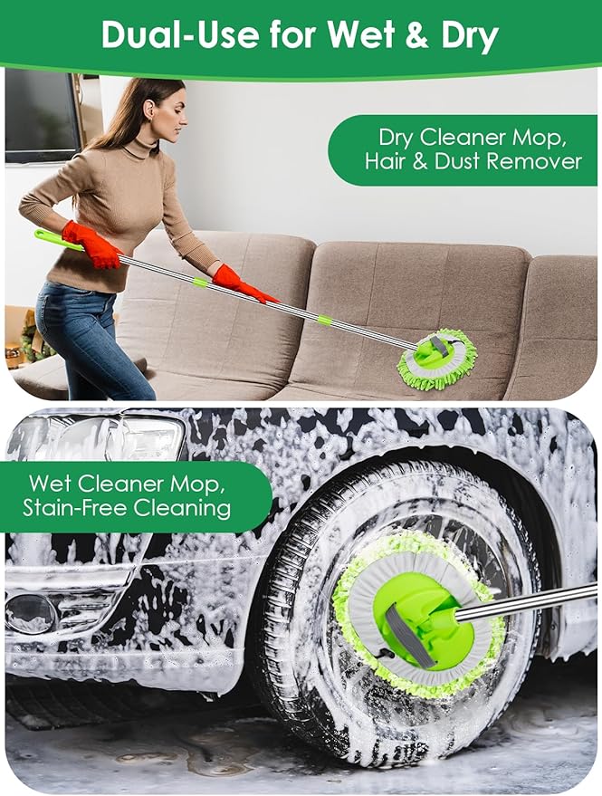 2 in 1 Lightweight Wall Cleaner Mop with Long Handle 75 190cm Ceiling Duster Lint-Free Chenille Fiber Mop for Kitchen Baseboard Floor Glass Window Roof Cleaning Washer Scrubber Brush Tool Wet Dry Use