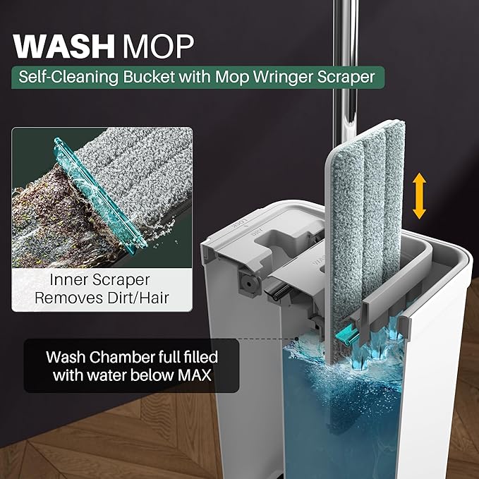 JOYMOOP Mop and Bucket Set with Wringer Flat Mops for Floor Cleaning Wall Mop Cleaner with Long Handle Hardwood Floor Mop with 6 Microfiber Pads