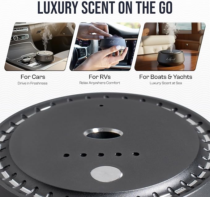 Smart Car Diffuser with 20ML Scent Oil Included - Car Air Freshener - Aromatherapy Diffuser - Portable Compact Cordless and Quiet Device - Deluxe Car Diffuser Luxscent Collection