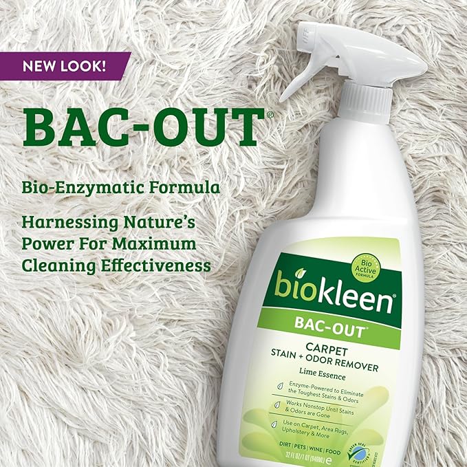 Biokleen Bac-Out Enzyme Cleaner Spray and Stain &amp Odor Remover for Pet Stains Laundry Diapers Wine Carpets &amp More Eco-Friendly Non-Toxic Lime Scent 32 Ounces (Pack of 2)