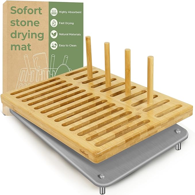 Sofort Stone Drying Mat for Kitchen Counter Quick Dry Ultra Absorbent Dish Drying Mat with Bamboo Rack Diatomaceous Earth Drying Pad for Dishes Plates Mugs 16″x12″