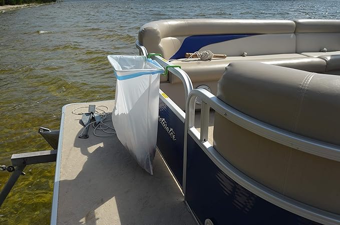 Pontoon - Portable Trash Bag Holder – Measure The Rail Thickness Before Ordering it Will be a Very Tight fit so it Won’t Fall in The Water. Use only a 13-Gallon Drawstring Garbage Bag.