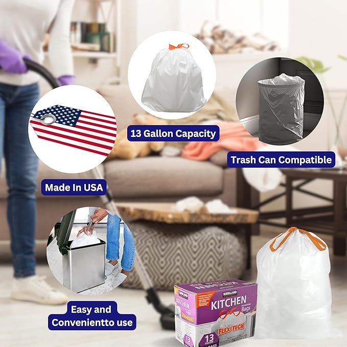 Worldwide Nutrition Bundle Compatible with Kirkland Signature Flex-Tech 13 Gallon Kitchen Garbage Bags with Drawstring Closure - 200 Count Pack of Tall Trash Bags for Kitchen with Keychain