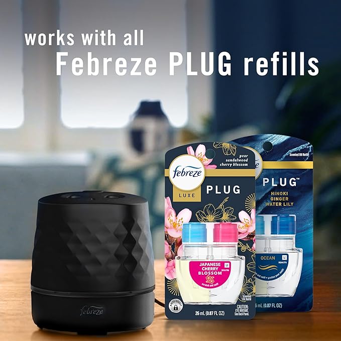 Febreze PLUG Scent Booster Starter Kit Black Oil Diffuser Air Freshener Plug In Continuous Scent Device + 2 Ocean Refills