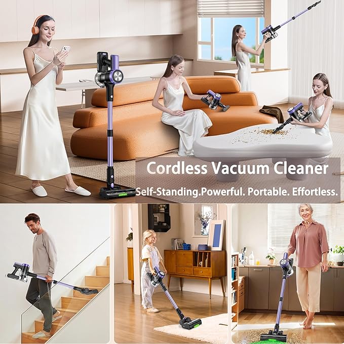 Cordless Vacuum Cleaner 46Kpa/55 Mins Vacuum Cleaners for Home Self-Standing Stick Vacuum Purple
