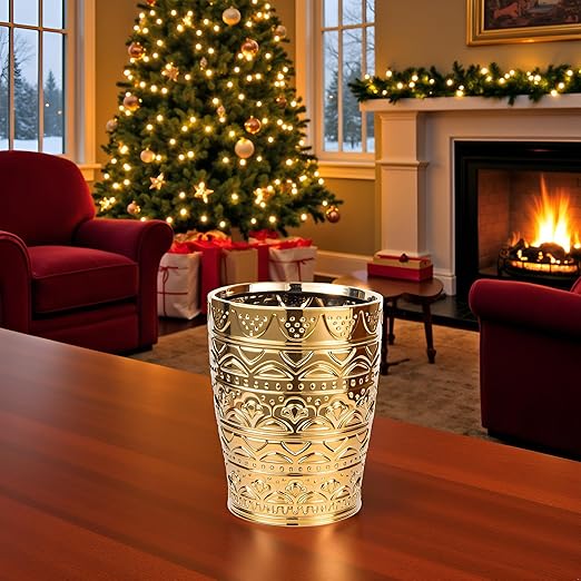 Round Ceramic Small Trash Can Wastebasket Garbage Container Bin for Bathrooms Powder Rooms Kitchens Home Offices - Durable - Gold Christmas Decor