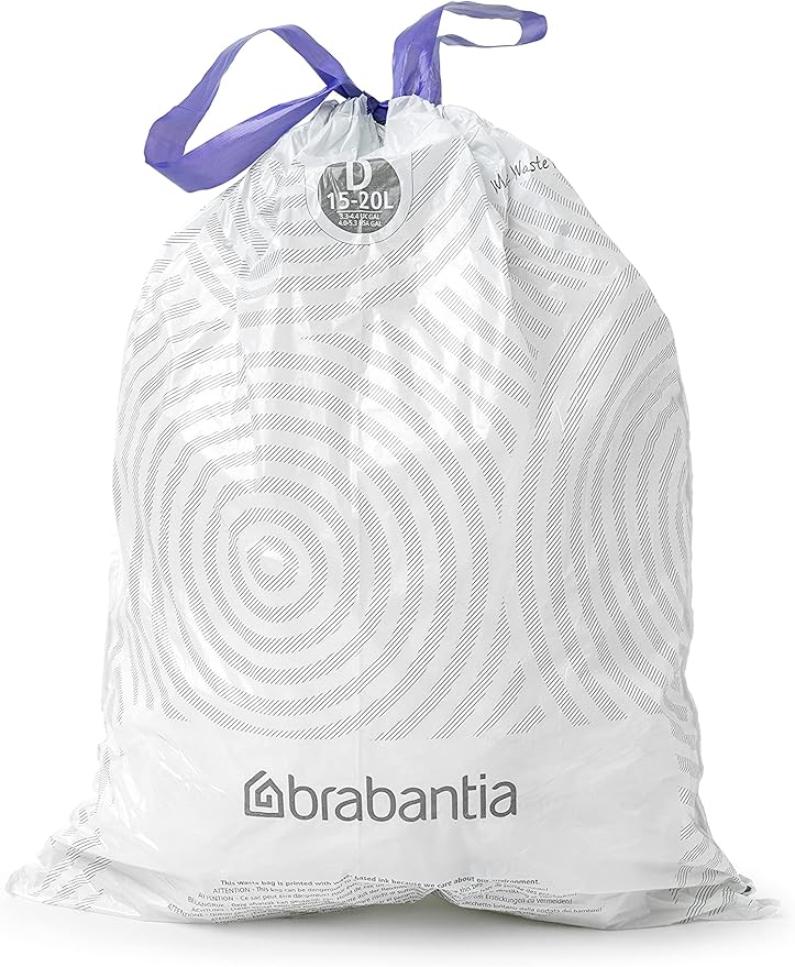 Brabantia PerfectFit Trash Bags (Size D / 4-5.3 Gal) Thick Plastic Trash Can Liners with Drawstring Handles (20 Bags)