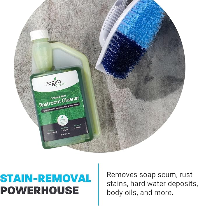 Zogics Organic Acid Restroom Cleaner 32 oz Bottle Makes up to 16 Quarts - Meets ECOLOGO Standards