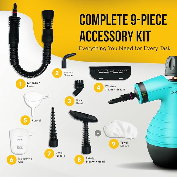 Comforday Multi-Purpose Handheld Pressurized Steam Cleaner with 9-Piece Accessories Handheld Steamer Perfect for Stain Removal Curtains Car Seats Floor Bathroom Window Cleaning (Light blue)