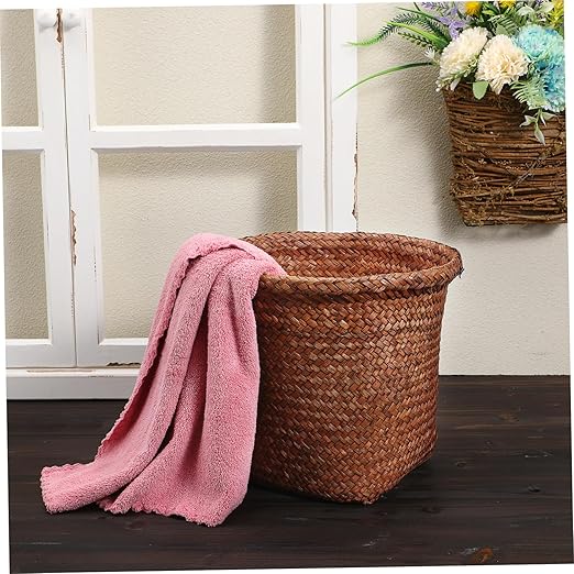1pc Straw Woven Wastebasket Natural Design Office Trash Container Home Trash Can