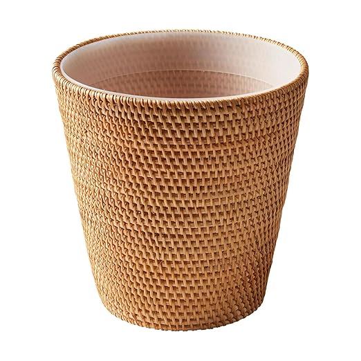 Rattan Bathroom Wastebasket - Natural Woven Trash Can with Liner Water-Resistant Design for Bathroom Bedroom or Office Boho Home Decor