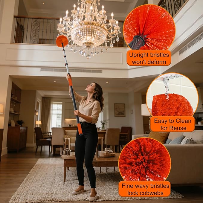 15FT Reach Cobweb Duster with Extension Pole - Spider Web Brush for Cleaning with 3-12FT 4-Section Flip-Lock Telescopic Pole Effortlessly Cleans High Indoor &amp Outdoor Webs