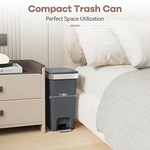 Small Bathroom Trash Can with Lid Soft Close 10 Liter/2.6 Gallon Slim Garbage Can-Metal Step and Press top Lid Mini Modern Waste Basket for Toilet Office BedroomDormDark Gray