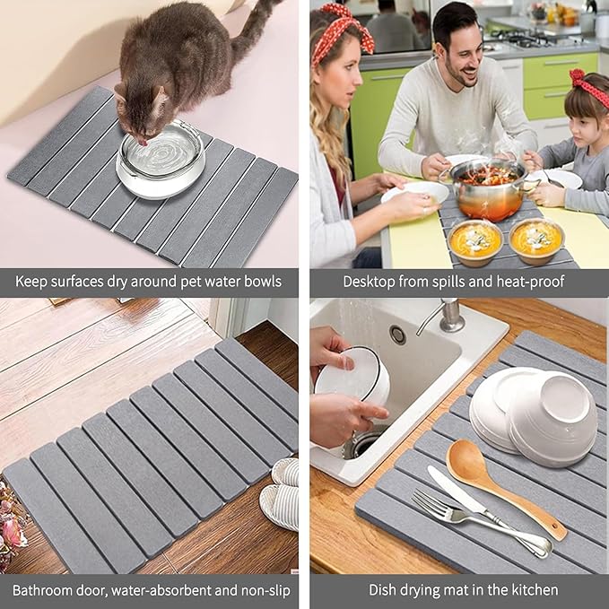 Stone Drying Mat for Kitchen Counter Stone Dish Drying Mat Foldable Super Absorbent Diatomaceous Earth Quick-drying Draining Mat for any Kitchen Countertop (Medium Gray B 23.6”x15.4”)