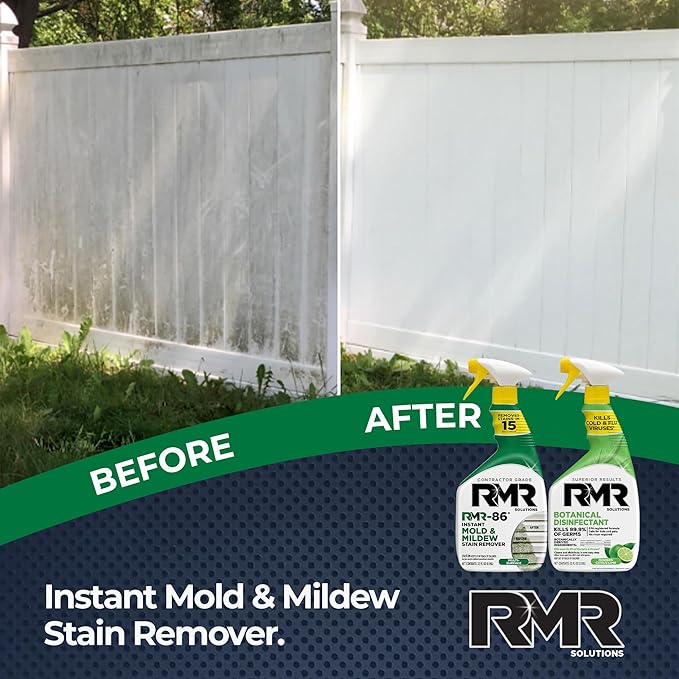 RMR Stain &amp Sanitation System –Instant Mold &amp Mildew Stain Remover + Botanical Disinfectant Cleaner Indoor/Outdoor Cleaning Kit for Kitchens Bathrooms Furniture Siding &amp Deck 2–32 Oz