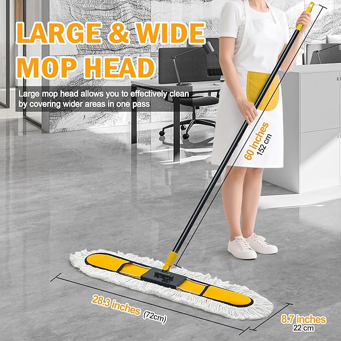 NEWE 24” Commercial Dust Mop Large Dry Dust Push Broom Indoor Wide Floor Duster for Laminate Hardwood Tile Marble (Yellow)