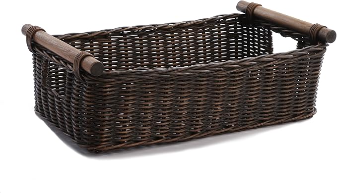 The Basket Lady Low Pole Handle Wicker Storage Basket Medium 17 in L x 10.5 in W x 5.5 in H Antique Walnut Brown