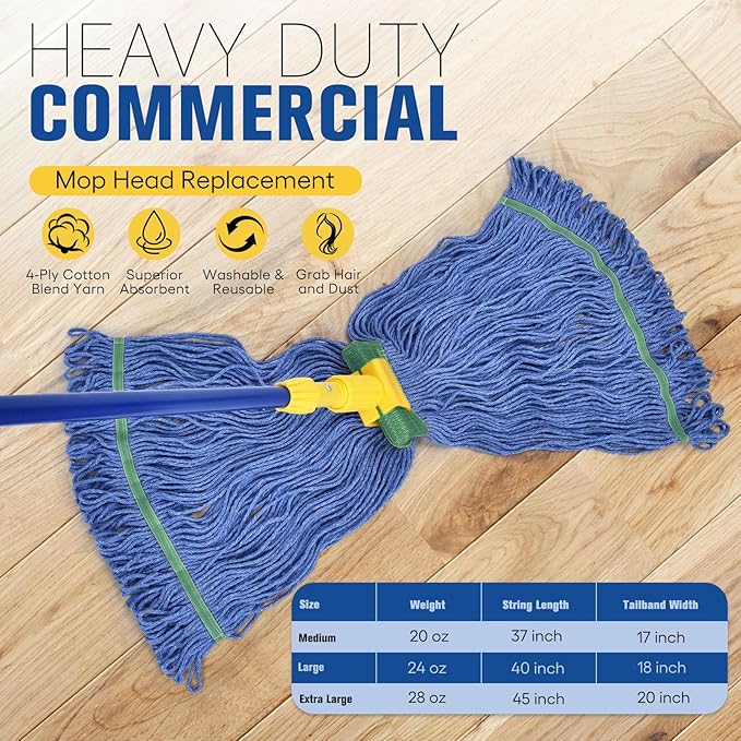 Matthew Cleaning Commercial Mop Head Replacement 5 Inch Wide Headband Looped End Cotton Blend String Wet Mops for Floor Cleaning 18 oz Medium 6-Pack Blue