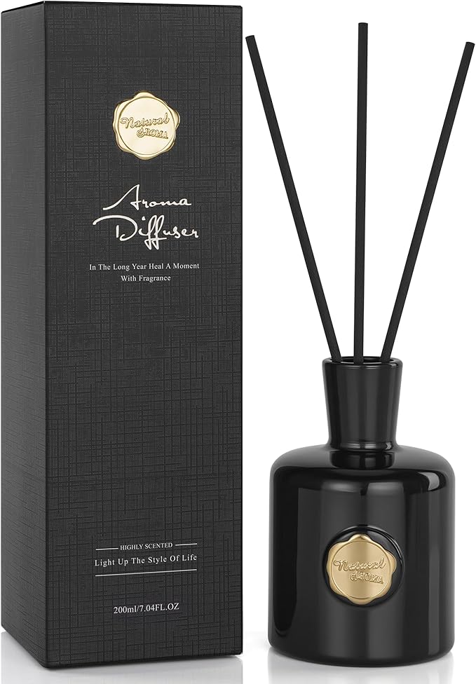 XEPTLE Amber Reed Diffuser for Home Air Freshener Woody Scent Diffuser with 5 Reeds for Bedroom Living Room Bathroom Décor Orange Plum Rose with Honey Amber Vanilla &amp Sandalwood 7.04oz Black