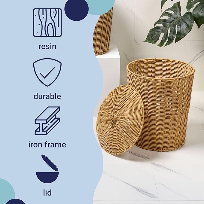 happimess HPM1406A-SET2 Ollie Coastal Contemporary Resin 4.7-Gallon Tapered Round Wicker Watebasket with Lid Natural (Set of 2)