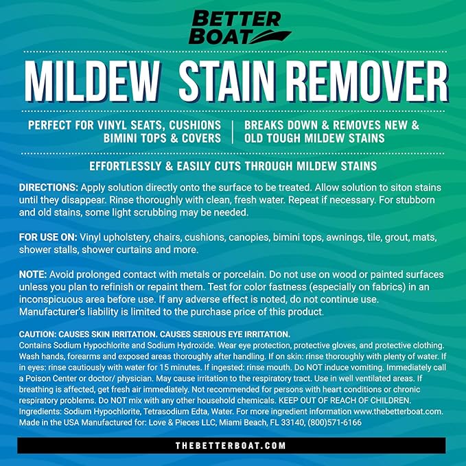 Better Boat Mold and Mildew Stain Remover 1 Gallon for Fabric Vinyl Tile Grout Removes Mold Stains on Boat Seats Bathroom Shower Patio Furniture Carpet Canvas