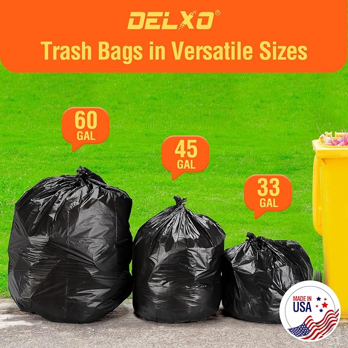 Delxo 55-60 Gallon Black Trash Bags 150 Count – Medium Duty Contractor Garbage Bags Thick Durable &amp Puncture-Resistant Plastic – Made in USA for Kitchen Yard Office &amp Party