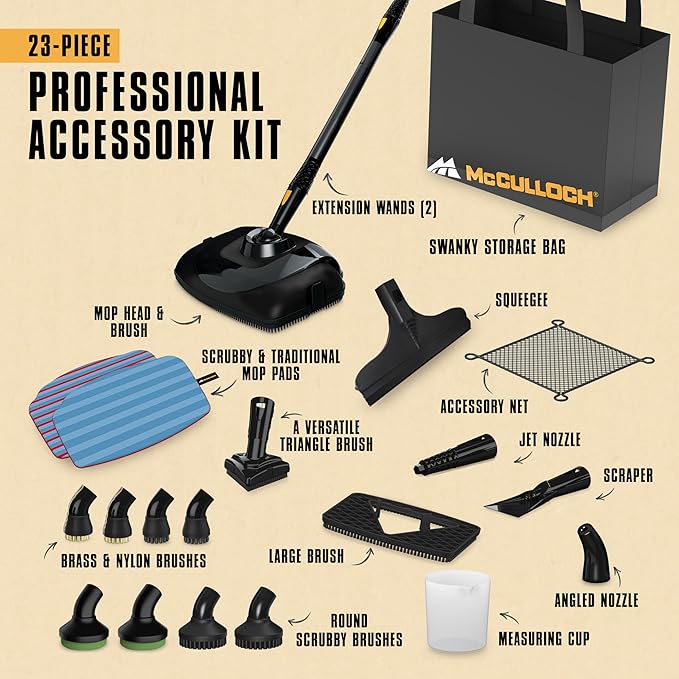 McCulloch MC1385 Deluxe Canister Steam Cleaner 2-Hour Runtime Chemical-Free 23 Accessories: Mop Head Brushes &amp More - Built for Home Tile Carpet Furniture &amp Personal Car Detailing