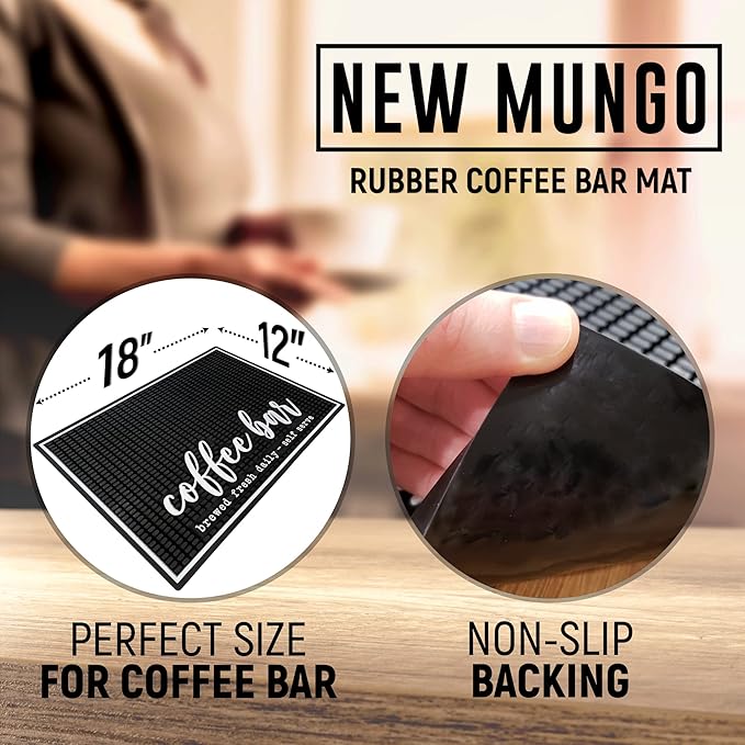 New Mungo Coffee Bar Mat – “Coffee Bar - Brewed Fresh Daily - Self Serve” – Spill-Proof PVC Coffee Station Mat Non-Slip Countertop Protector 18x12