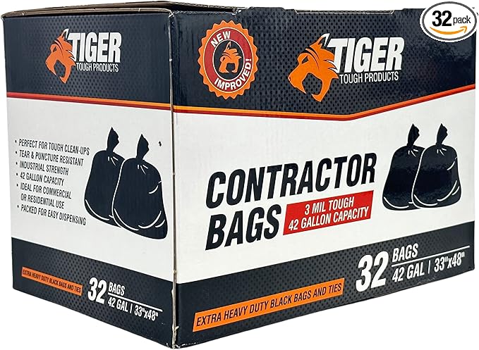 Tiger Tough 42 Gallon Contractor Garbage Bags - 3 Mil Heavy Duty Trash Bags Unscented 32 Large Black Plastic Can Liners for Tall Kitchen Construction Cleanup Commercial Industrial Lawn Yard Waste