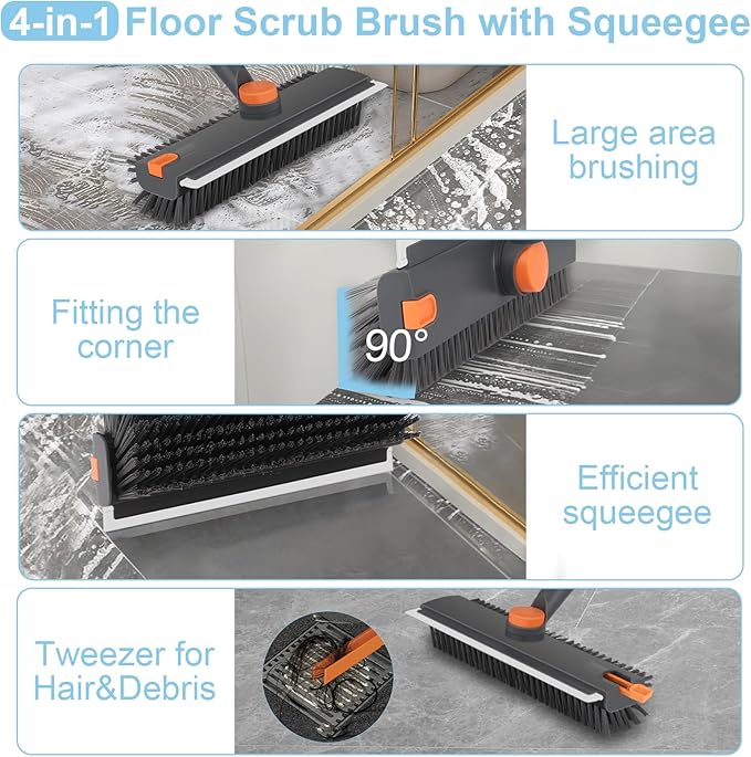 Floor Scrub V Brush with Long Handle 4 in 1 Silicone Scrape and Stiff Bristle Scrubber 360° Cleaning Brush with Tweezers for Shower Bathroom Patio Garage Kitchen Wall and Deck