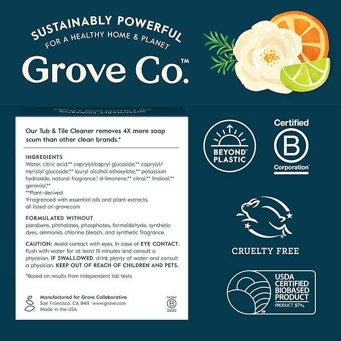 Grove Co. Tub and Tile Cleaner Refill Concentrate (2 x 1 Fl Oz) + 1 x Reusable Glass Spray Bottle (16 Oz) Plant-Based Cleaning Supplies Bundle No Plastic Waste Lavender &amp Thyme Scent