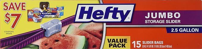Hefty 2x Stronger 2.5 Gallon Jumbo Storage Bags 15 Count (Pack of 2) Total 30 Bags