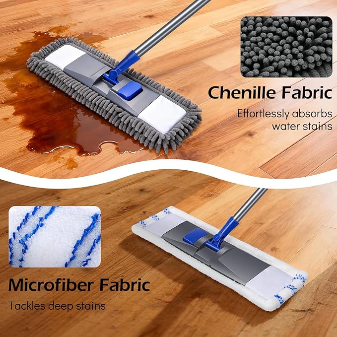 MASTERTOP Microfiber Mop for Floor Cleaning Flat Dust Mop for Home and Kitchen Adjustable Stainless Steel Handle with 4 Washable Pads&amp1 Cleaning Scrape for Hardwood Vinyl