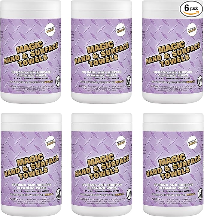 Magic Heavy Duty Cleaning Wipes - Single Sided Hand &amp Surface Shop Towels | Professional-grade Cleaning | Waterless | Moisturizing | Cleans Grease Oil Dirt &amp more (6 Pack | 540 Sheets Total