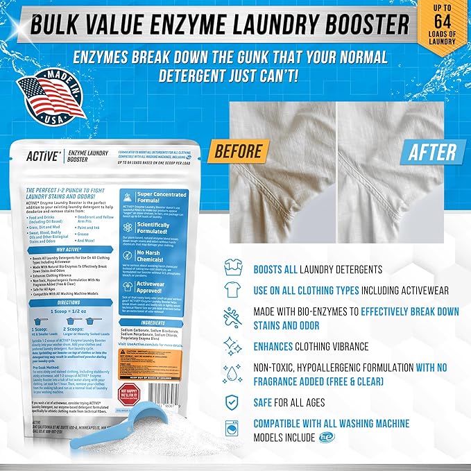 ACTIVE Messy Kids Stain Remover and Enzyme Laundry Booster - Includes 12oz Kids Stain Removal Spray and 2LB Enzyme Laundry Booster Powder