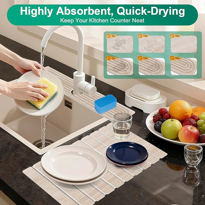 Stone Drying Mat for Kitchen Counter 24x16 Water Absorbing Dish Drying Mat with 24x4 Faucet Mat for Kitchen Sink Diatomaceous Earth Quick Dry Stone Mats for Dishes Bottles Cups (Wood Grain)
