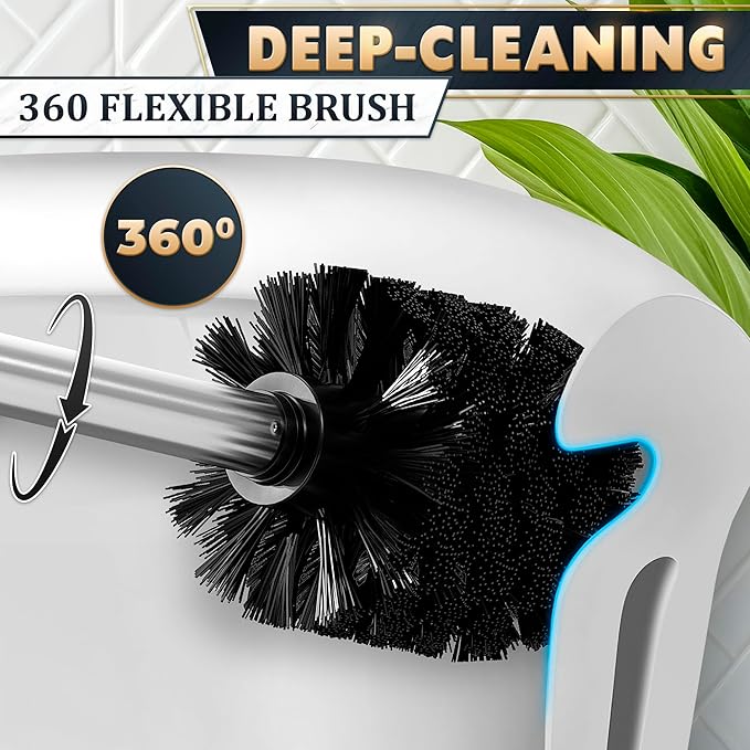 Silver Modern Toilet Brush and Holder Set with Wall Mount - Stainless Steel Toilet Brush with Holder - Removable Inner Bowl Shiny Design Splash Protection &amp Dense Bristles for Bathroom Cleaning