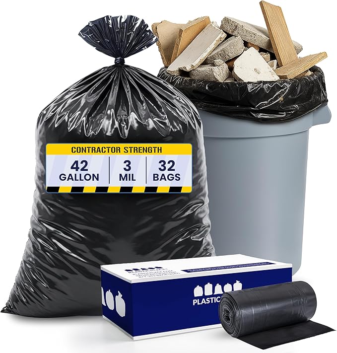 Plasticplace Contractor Trash Bags 42 Gallon 3.0 Mil Rolls Black Heavy Duty Garbage Bag 33.6” x 47.6” (32 Count)
