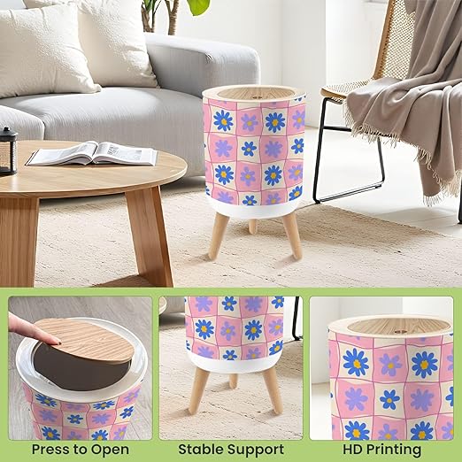 Bathroom Trash Can with Lid Retro Checkered Seamless Hand Drawn Daisy Flowers Wavy Lines Pink Blue Garbage Bin Waste Basket for Kitchen Office Bedroom Decoration Diaper Pail 1.8 Gallon