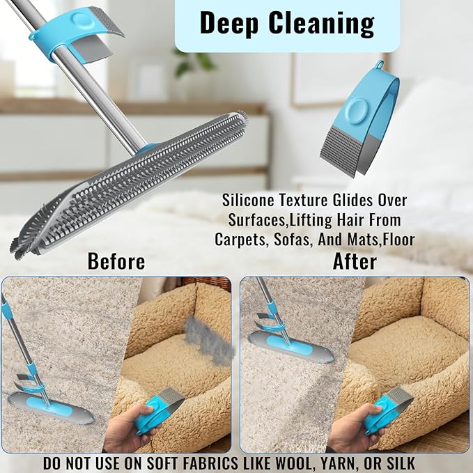 Carpet Rake for Pet Hair Removal Tool 2 in 1 Carpet Scraper with 59 Adjustable Handle Silicone Rug Rake for Dog &amp Cat Fur Hair Pet Hair Remover for Rugs Mats Couch Furniture Floor