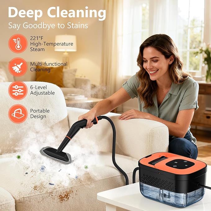 Steam Cleaner Portable Steamer for Cleaning with 16pcs Accessories 6-Level Adjustable 15s Heat-Up Handheld Steam Cleaner for Home for Tile Grease Dirt Grout Car Detailing Orange
