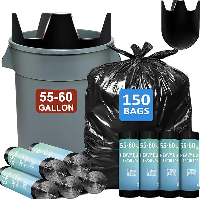 55-60 Gallon Trash Bags Heavy Duty 150 Count Bulk with 4 Innovative Flap Ties | Compatible with Rubbermaid Brute &amp Winco &amp Behrens 50-60 Gallon Round Trash Can | Tear &amp Leak Resistant Blac