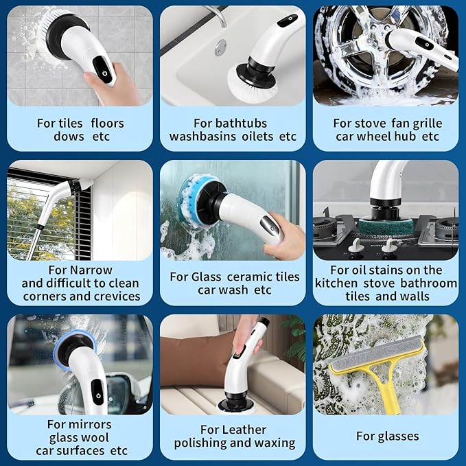 Rechargeable Electric Spin Scrubber Waterproof Power Cleaner with 7 Brush Heads1 Window Squeegee2 Speeds Adjustable Long Handle for Bathroom Floor Shower Tile &amp Kitchen Cleaning (White)