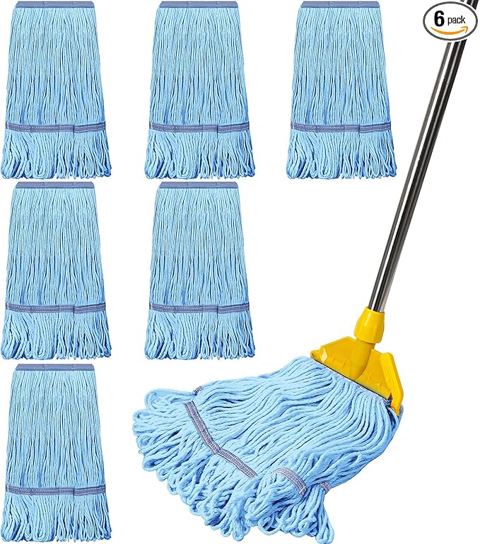 6 Pack Heavy Loop End Cotton String Mop Head Heavy Duty Mop Head Commercial Refills Mop Head Replacement for Home Industrial Commercial Floor Cleaning(Blue Orange)